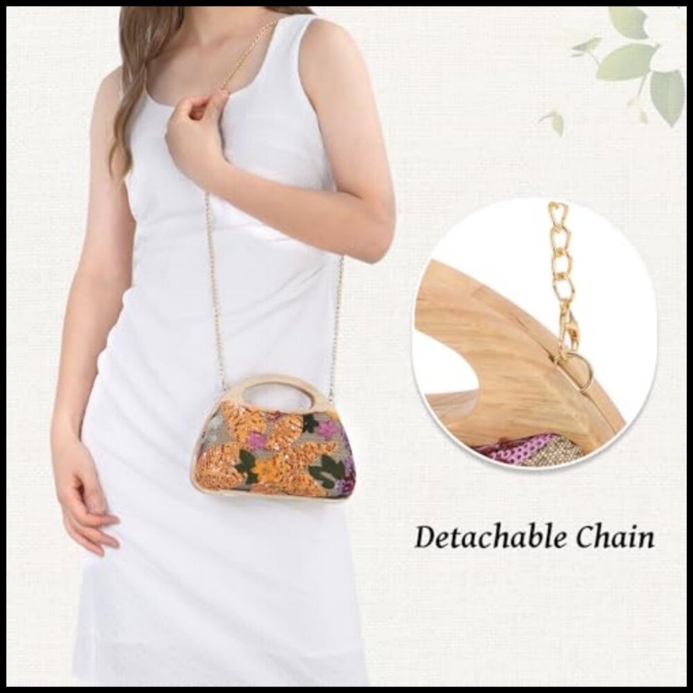 Floral Embroidery Sequin Clutch Evening Bag Elegant Formal Party Wood Handle - Picture 2 of 7